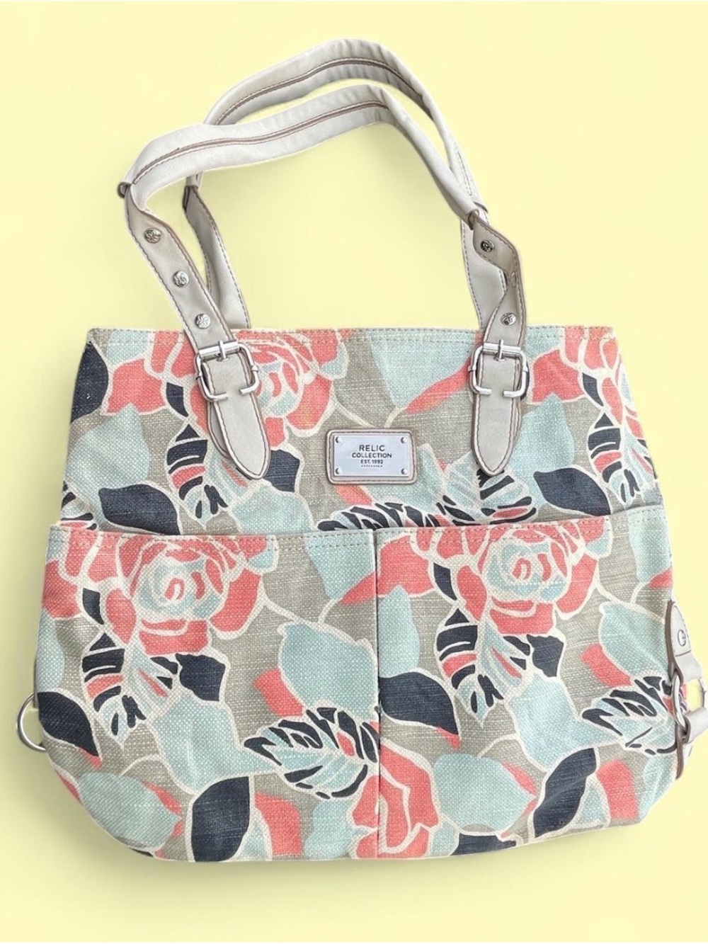 Relic Floral Canvas Tote in Coral, Mint & dark grey